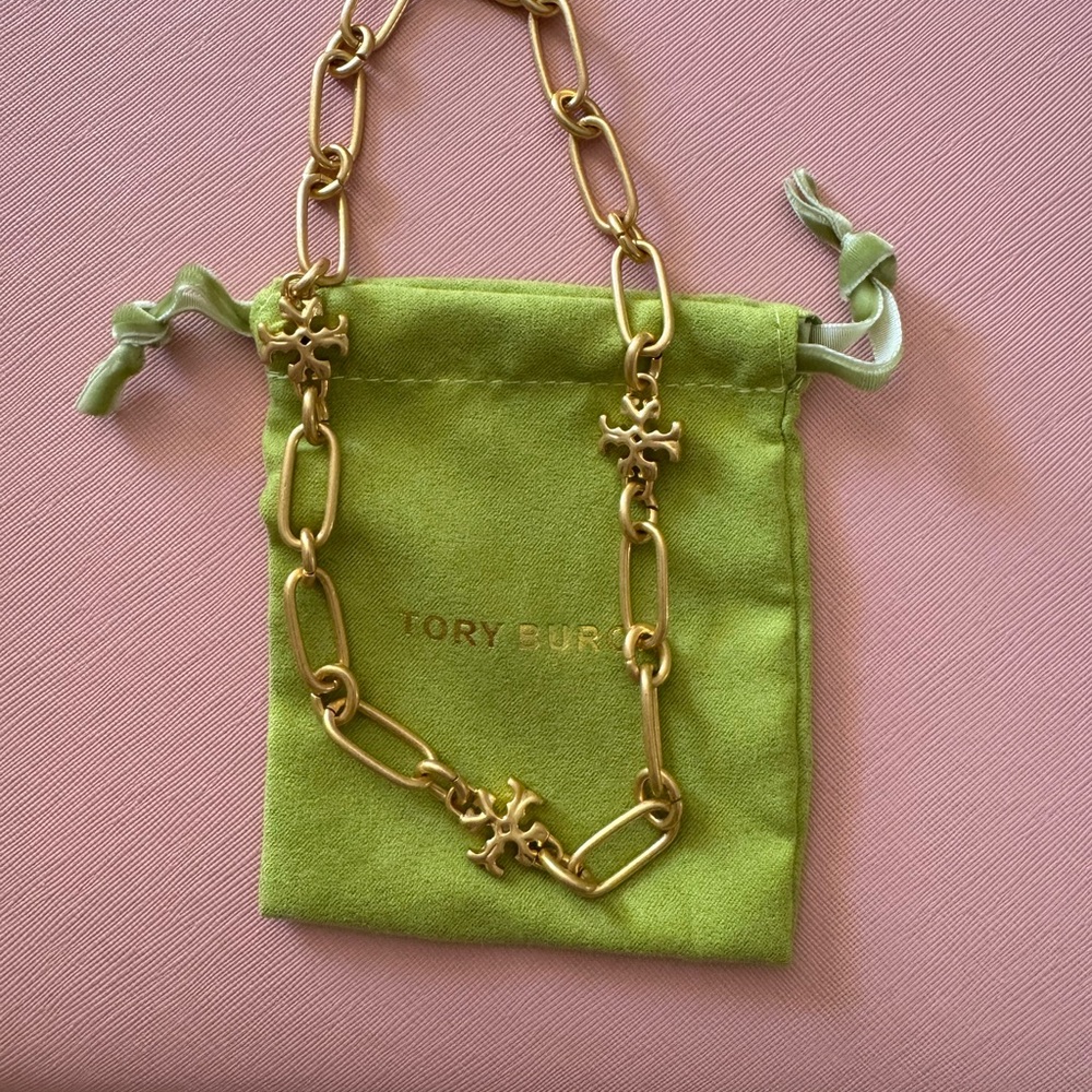 Tory Burch Gold Chain with Green Pouch